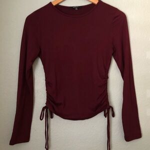 Ambiance burgundy gathered sides long sleeve blouse top Medium